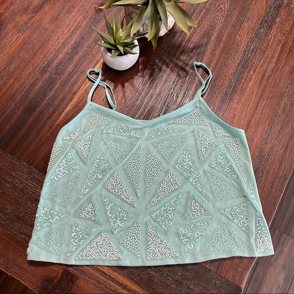 Vintage beaded geometric green blue milk glass crop top adjustable tank top M
